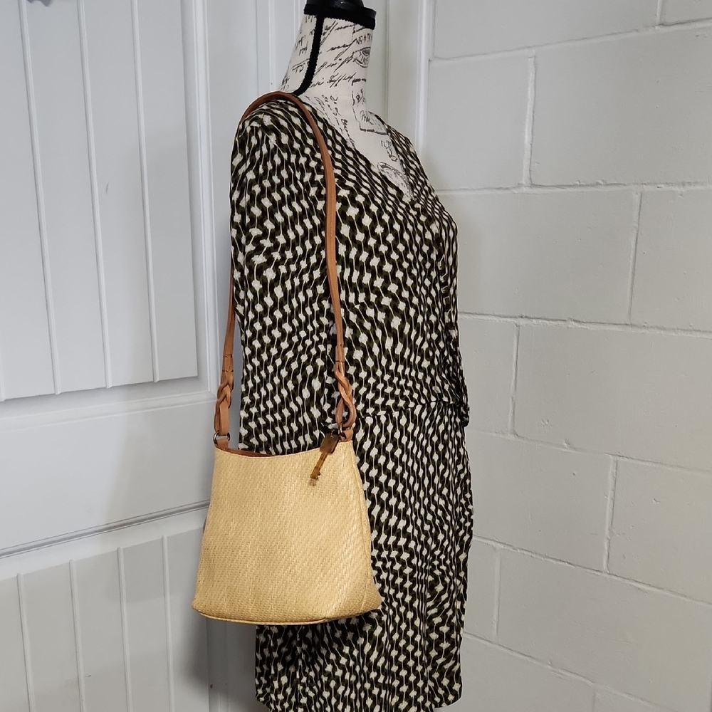 Fossil 75082 Wicker Woven Shoulder Bag with Woven Tan Leather Strap & Key Charm